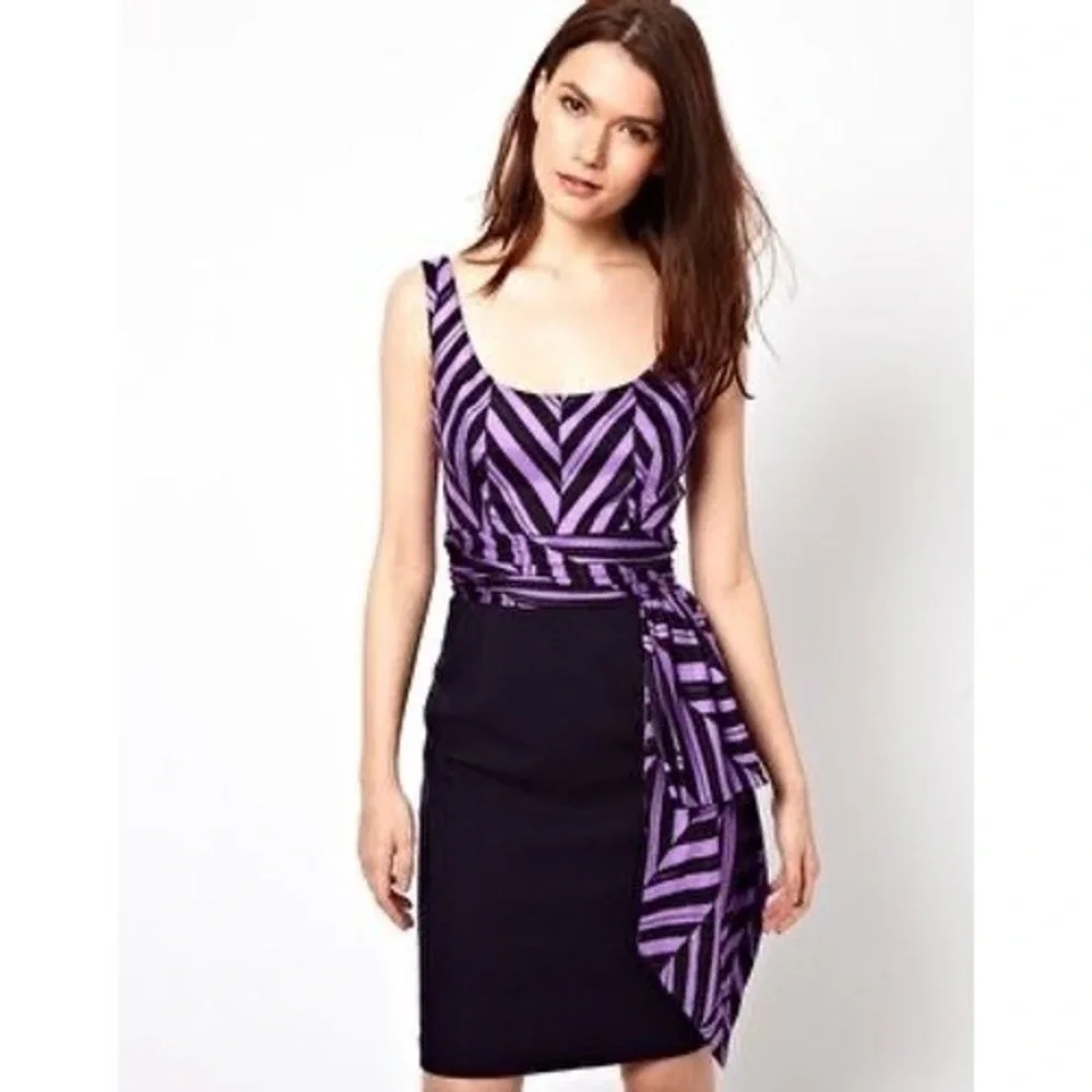 Milly Marcela Silk Purple Black Striped Sleeveless Sheath Dress Side Drape Sz 4 - Picture 4 of 15